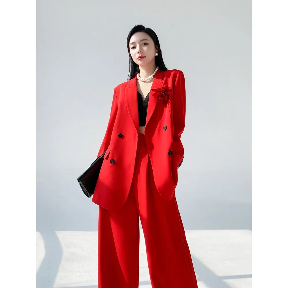 TWOTWINSTYLE, conjunto liso de dos piezas para mujer, cuello de solapa, manga larga, cintura alta, temperamento, conjuntos de pantalones sueltos para mujer, nuevo