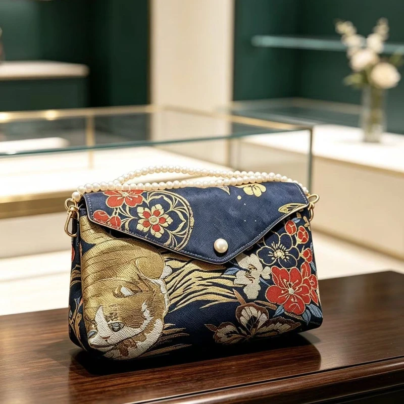 Pink Navy Blue Flower Chinese Song Brocade Floral Embroidery Pearl Clasp Crossbody Shoulder Bag Purse Large Capacity for Women