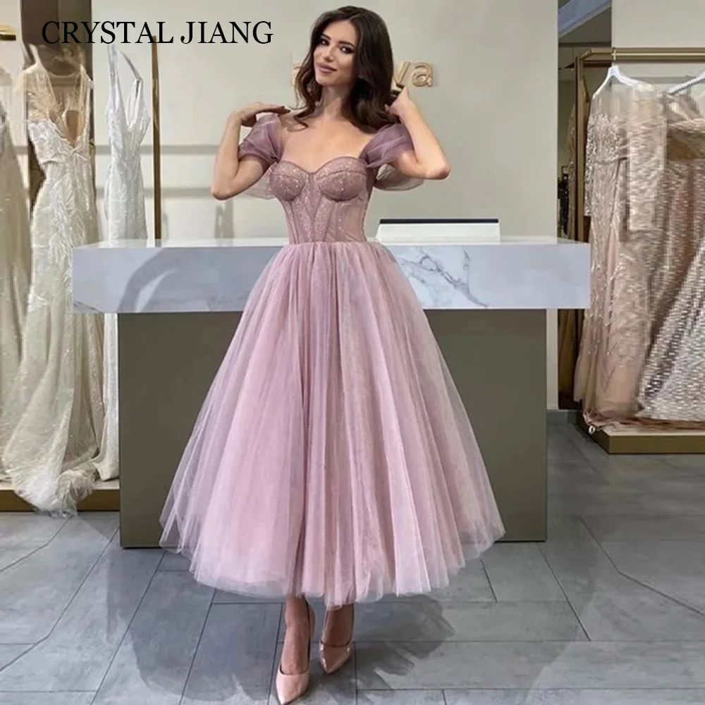 Elegant Short Off the Shoulder Glitter Tulle Prom Dresses Short Sleeves A Line Tea Length Vestidos Para Eventos Especiales