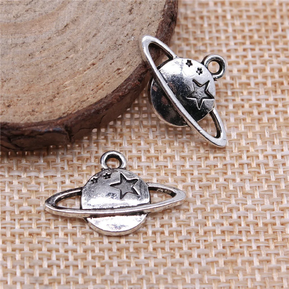 20pcs 14x22mm(0.55x0.87inch) Antique Silver Color Cosmic Solar System Saturn Charms DIY Jewelry Making