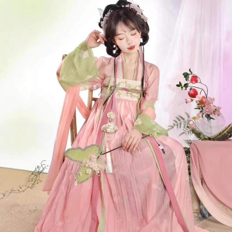 spring-tang-style-hanfu-set-peach-pink-willow-green-embroidered-open-front-top-one-piece-high-chest-ruqun
