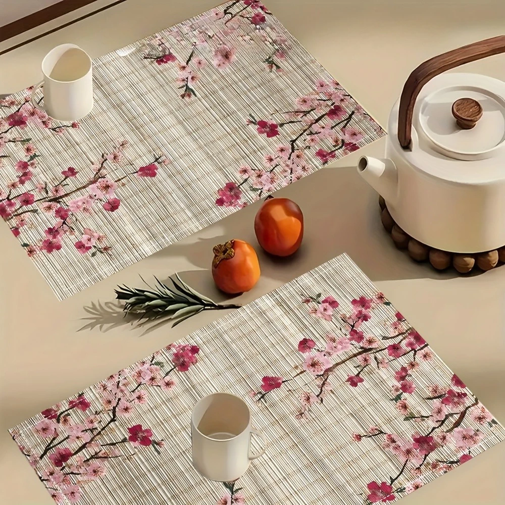 Manteles individuales de lino inspirados en Japón con motivos de flores de cerezo y bambú, con flores de cerezo en rosa suave para cocina, comedor y fiestas.