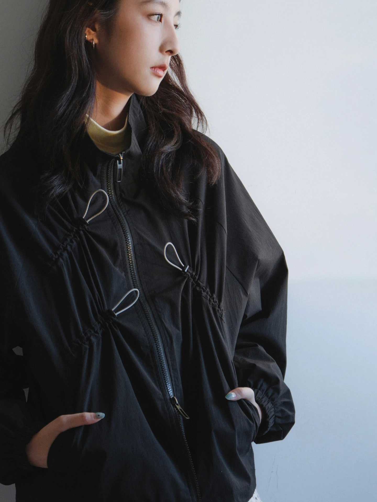 

Cool Bla ex Свободный крой с воротником-стойкой Тюжет Универсальная осенняя верхняя одежда Модный функциональный длинный свеч на молнии Cl...