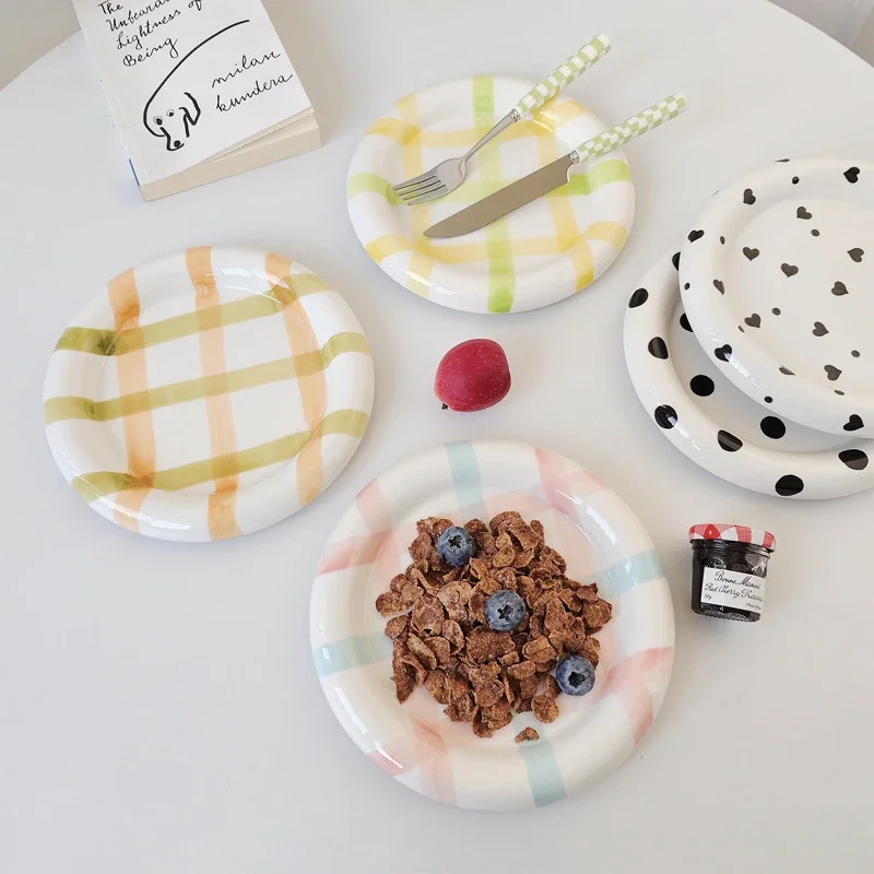 

INS Wind High Beauty Stripe Wave Dot Under Glaze Ceramic Plate Dudu Dessert Plate Korean Breakfast Set VLOG Plate Dinner Set