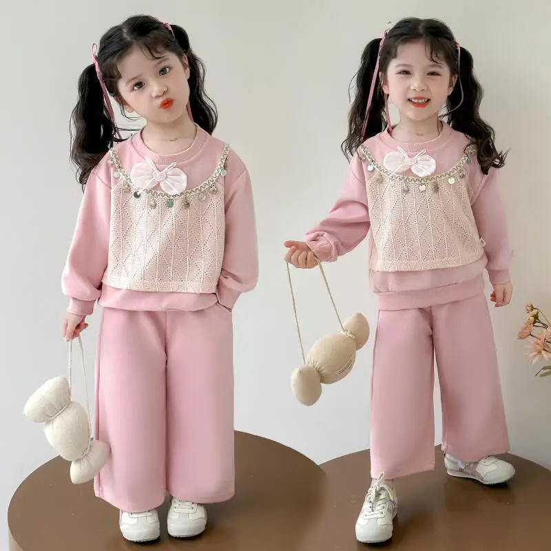 

Весенняя толстовка с капюшоном для девочек, комплект из двух предметов, осенний пуловер, прямые брюки, топы, спортивная одежда, детская студенческая модная повседневная одежда Kawaii