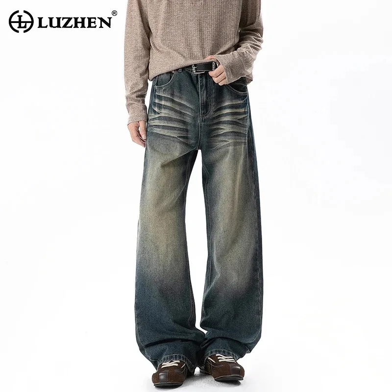 LUZHEN 2026 New Original Pleated Gradient Washed Straight Tube Jeans Men Fashion Simple Niche Wide Leg Casual Denim Pants JY8187
