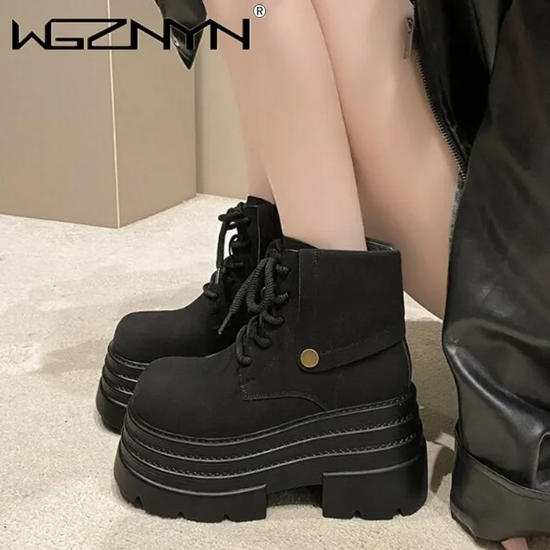 2025 Women\'s Ankle Boots Autumn Winter Warm Punk Goth Fur Shoes 10CM Chunky High Platform Casual Leather Short Boot Botas Mujer