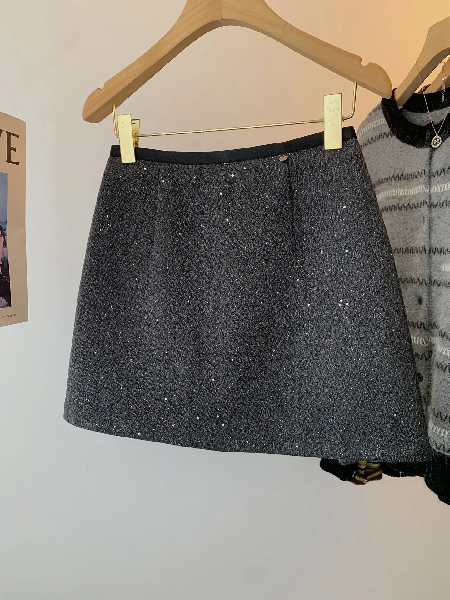High Waist A-Line  Skirt Women's Grey Woolen Sequin Half-length Autumn New Style Korean Style Fashionable Slimming Skirt