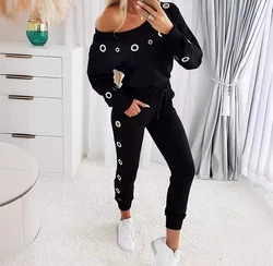 Womens Two Peice Sets 2024 Summer Fashion Skew Neck Long Sleeve Eyelet Top & Casual Long Pants Set Slim Woman Clothes Outfits