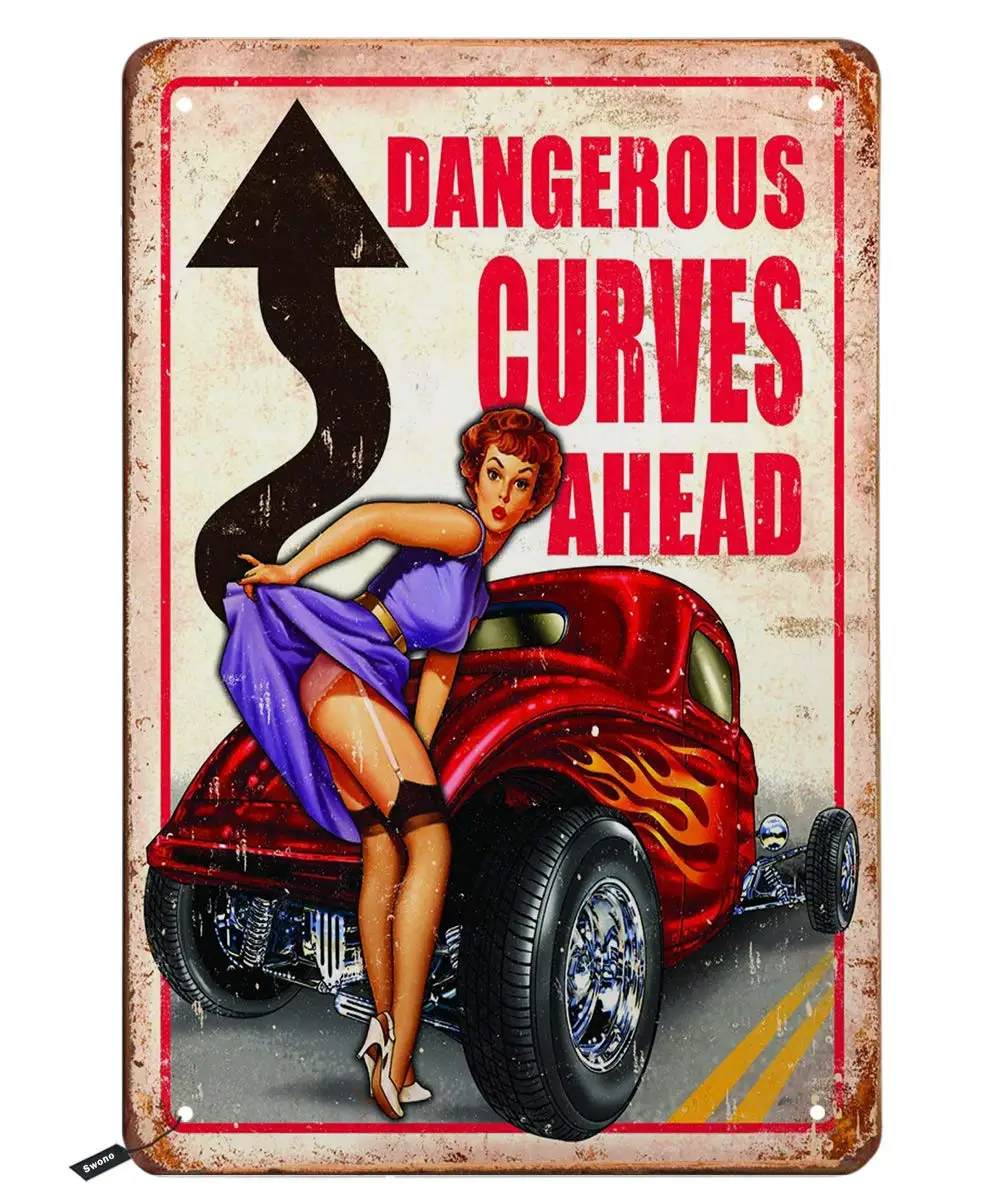 Swono Dangerous Curves Ahead Tin Signs,Pin Up Girl with Red Car Vintage Metal Tin Sign For Men Women,Wall Decor for Bars,Restaur