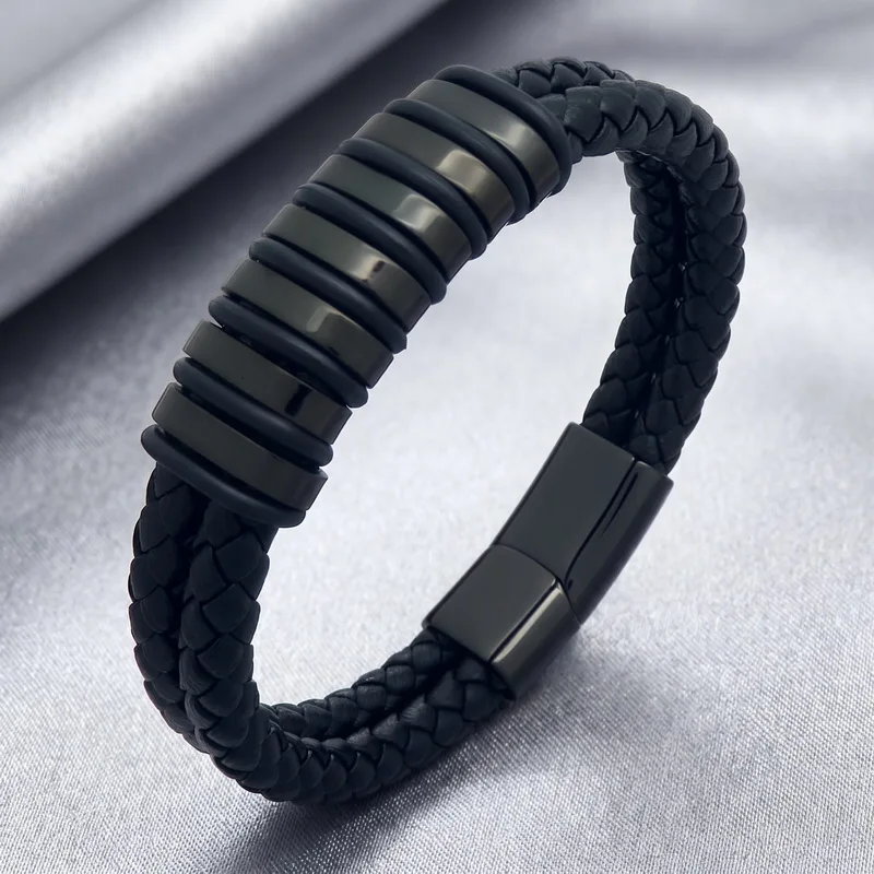 Kalen 6mm Stainless Steel with Leather Bracelet for Men Punk Stacked Beads Wristband Rock Biker Jewelry Anniversary Present