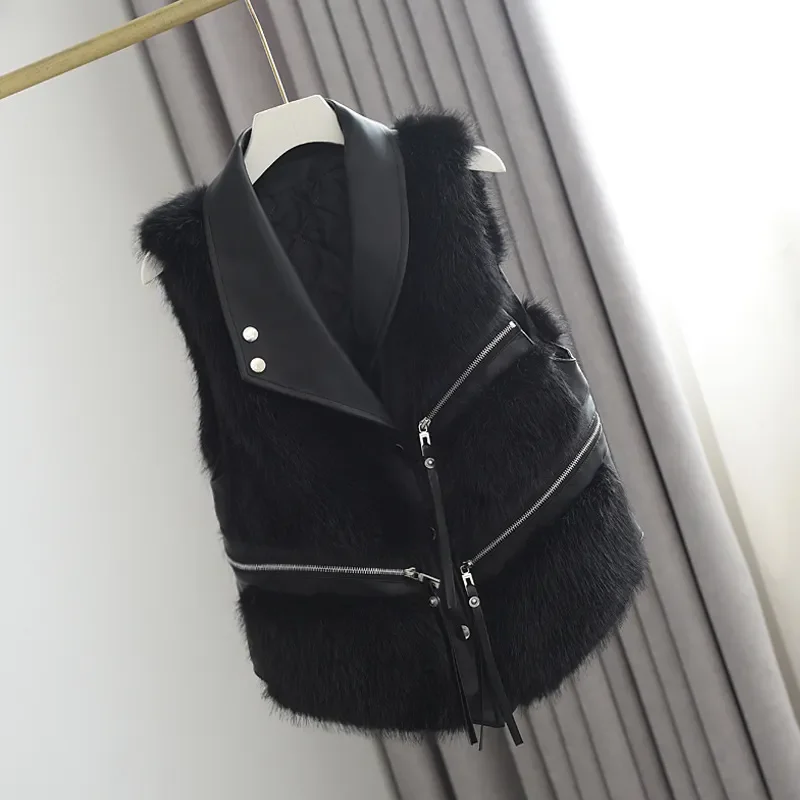 Fluffy Warm Faux Fur Waistcoat Jacket Women Street Splicing Sleeveless Loose PU Jackets Autumn Winter Fashion Thicken Lady Coat