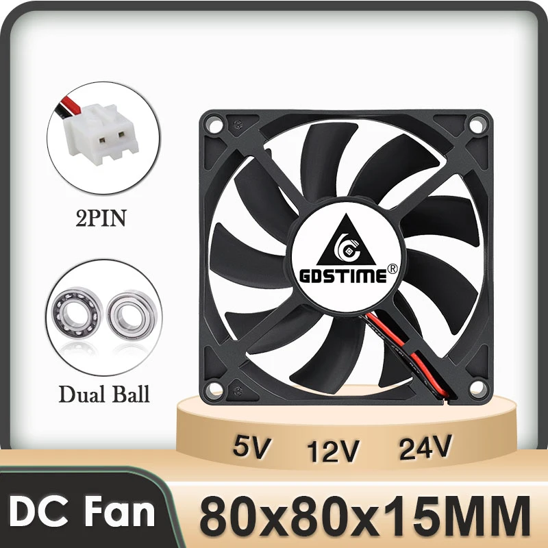 Gdstime 1 Piece DC 12V 24V 80mm x 15mm Dual Ball Bearing PC Case DC Cooling Fan 80x80x15mm 8cm 8015 Mute Radiator Cooler 2 Pin