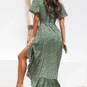 نسائي أزهار طباعة ماكسي فستان طويل الشيفون بوهو فستان الكشكشة على شكل V رقبة عارضة سبليت مثير فستان حزب الشاطئ الصيف أعلى 8 مبيعات ملابس بوهو شيك - رقم 4