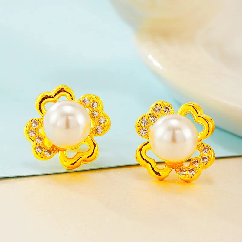 

18k Gold Color Clover Pearl Stud Earrings for Women Female Elegant Earring Wedding Fine Jewelry Diamond Luxury Earrings Not Fade