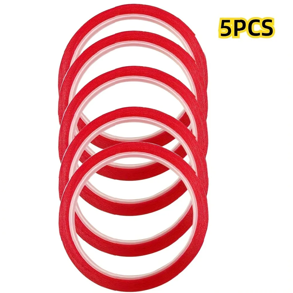 Red Transparent Double Sided Tape 5 Rolls, Heat Resistant Strong Adhesive, No Trace Removable for Photo Mounting Car