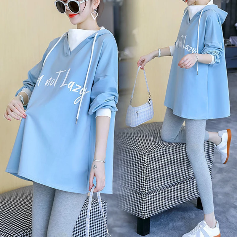 Maternity Clothes Spring and Autumn Clothes Mid-length Long-sleeved Hooded Top Loose Large Size Shirt Trend Maternity Skirt