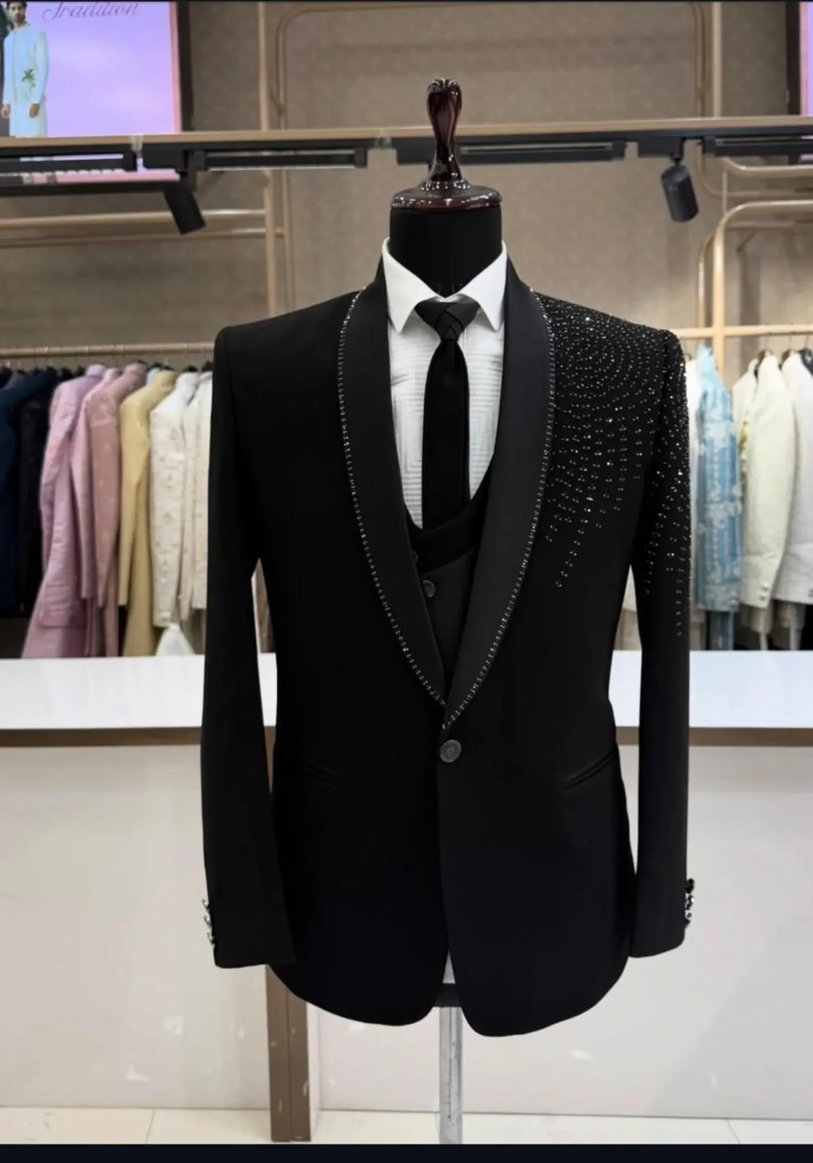 Luxury Men's Black Tuxedo Suit Classic Fit 2 Piece Set High Quality Slim Fit Beaded Crystals Wedding Groom Fashion