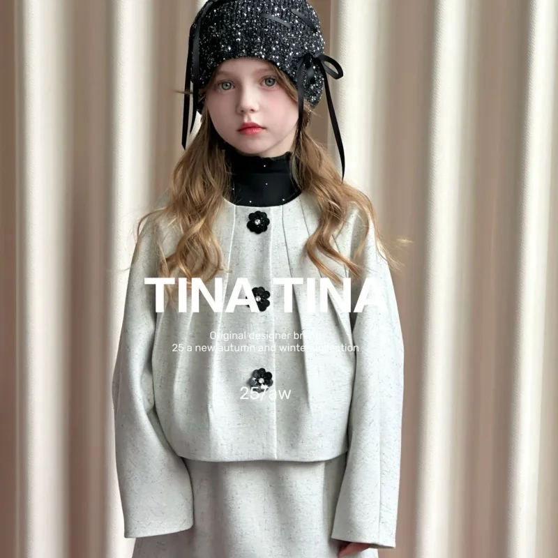 

SeasonSea твидовая куртка для девочек, осенне-зимнее детское шерстяное пальто, элегантная верхняя одежда с цветочными пуговицами, детская модная одежда