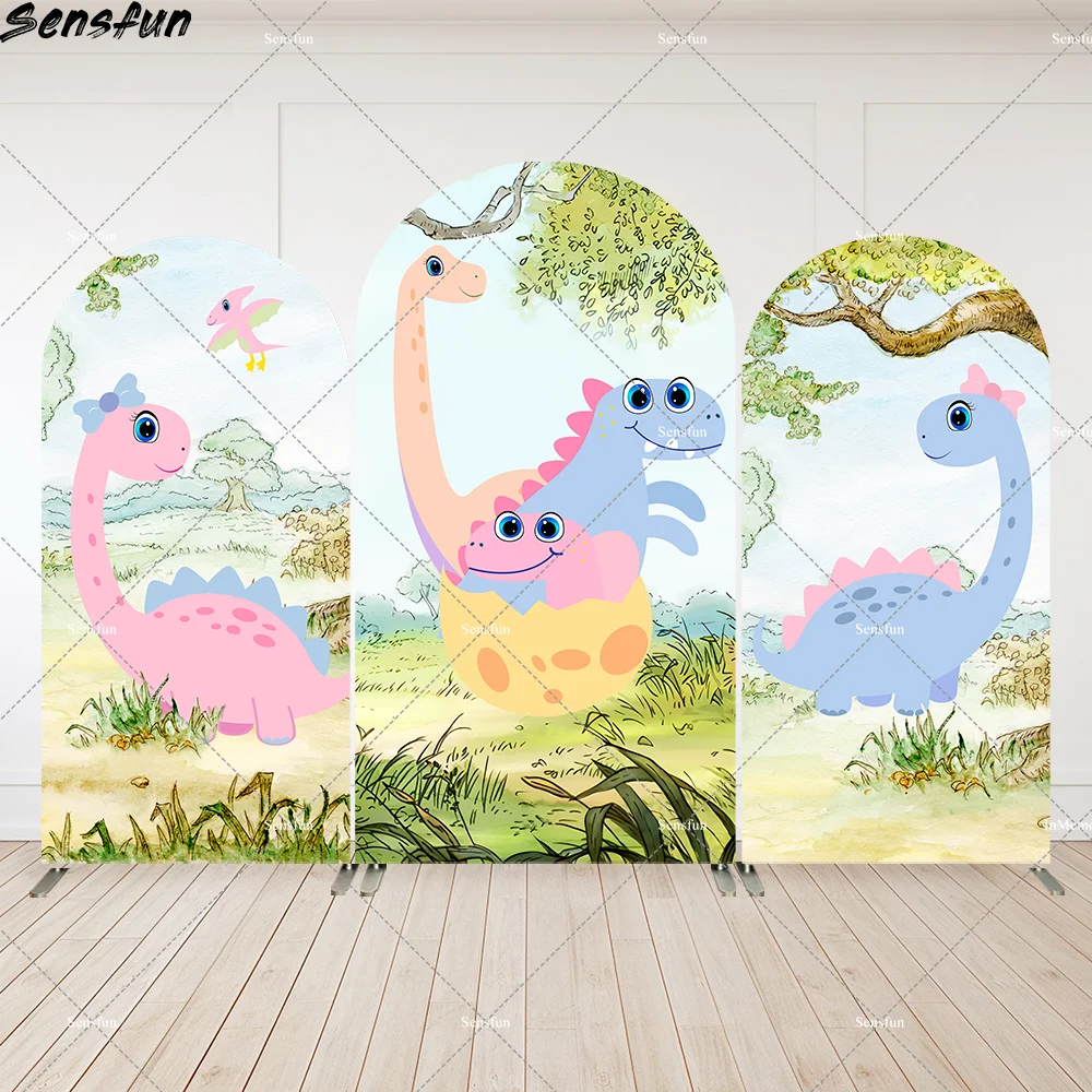 

Cartoon Dinosaur Baby Shower Arched Cover Backdrop for Boy Birthday Party Decoration Safari Party Background Cake Table Banner