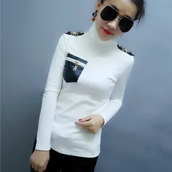 Women's Long Sleeve High Neck Cotton T-Shirts, Bodycone Tops, Zipper Deco, Autumn Fashion