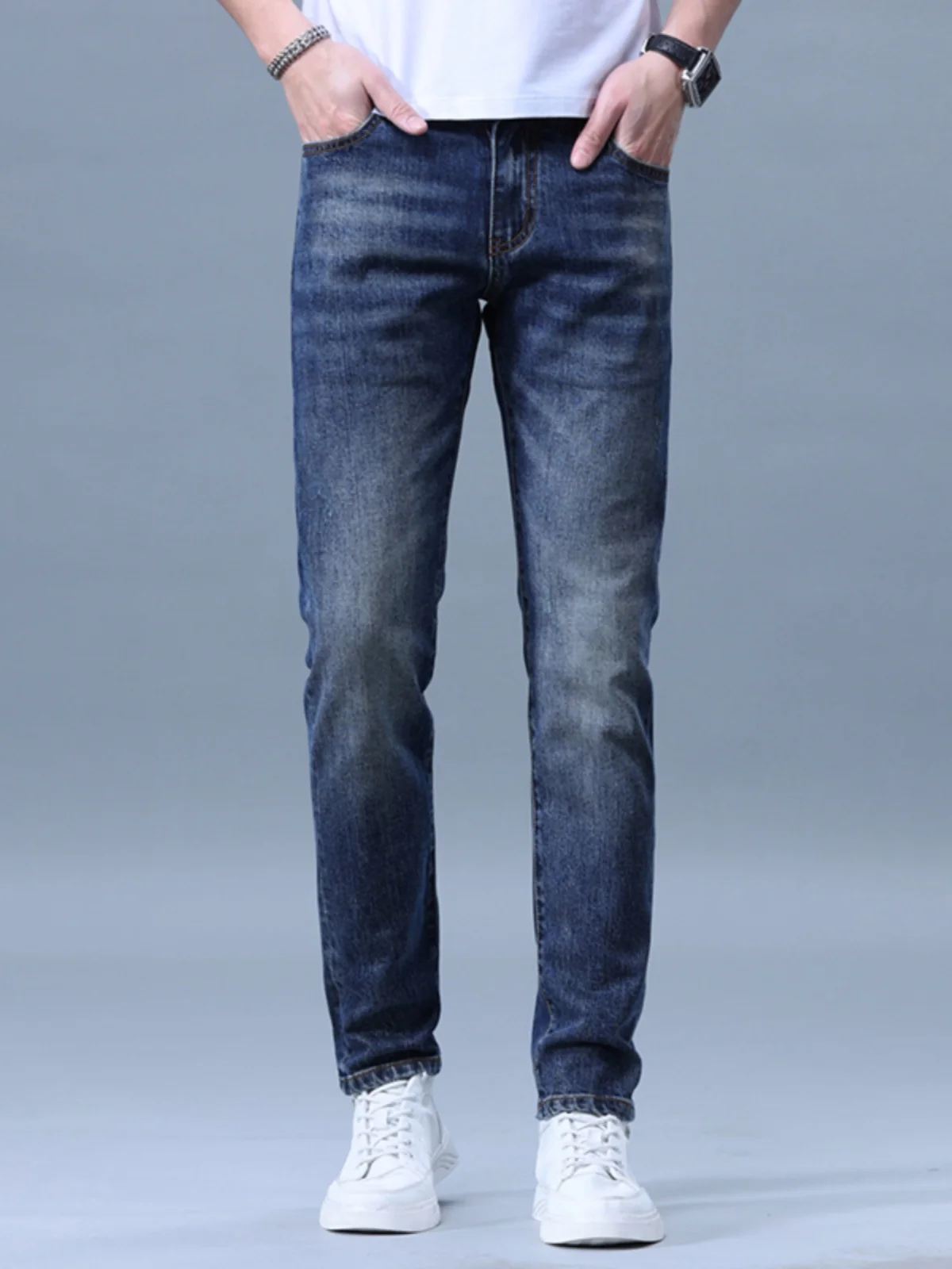 

Blue Men's Straight Leg Jeans Casual Spring Autumn Wear Resistant Cotton Stretch Denim mid Waist Five Pockets Small Straight ...