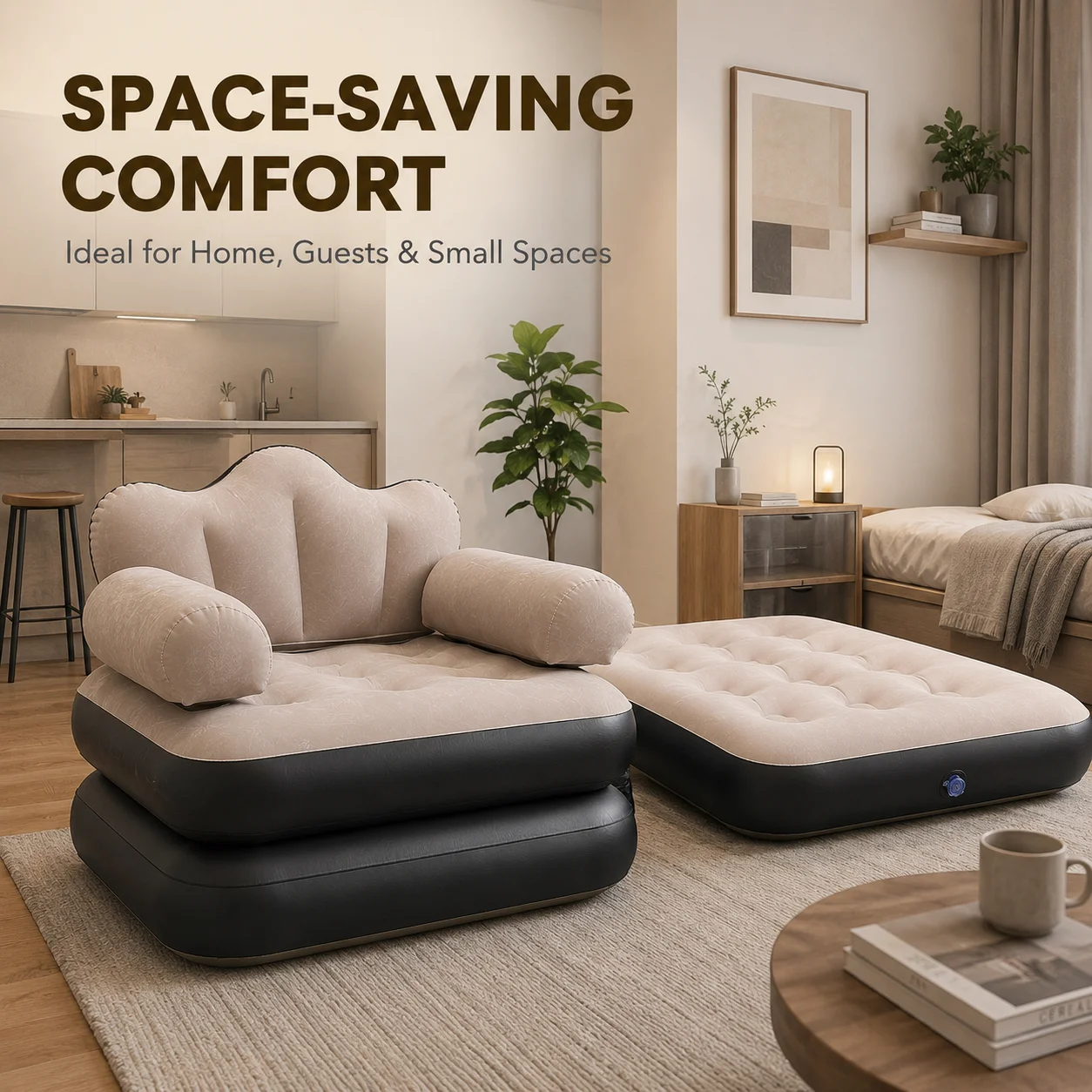 2 in 1 Inflatable Sofa Bed Folding Air Couch Chair with Armrests Portable Air Mattress Lounge Bed for Camping Home image 2