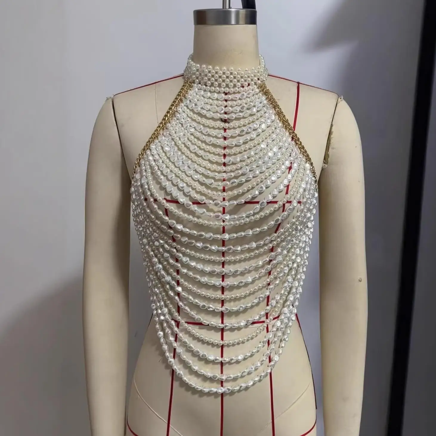 L7630Y Cross-Border Vest Luxury Multi-Layer Pearl Festival Top Women's Fashion A-Line Narrow Strap Vest Short Length 3D Effect