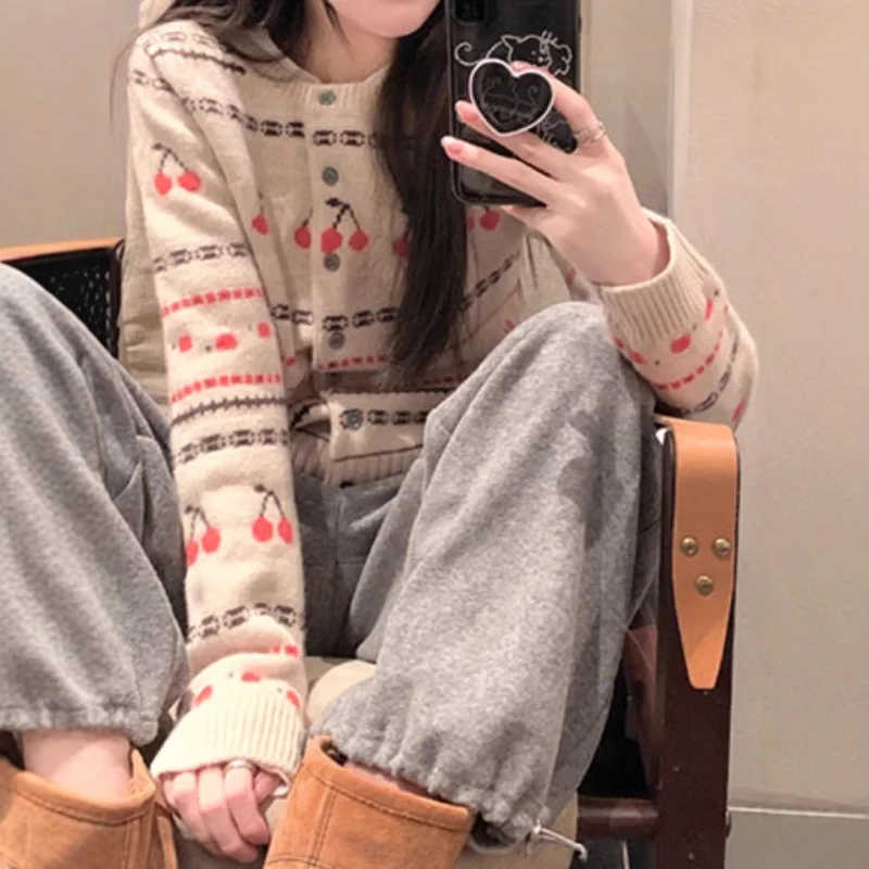 

Little Cherry Fair Isle Wool Cardigan, Unique, Gentle, Comfortable, Vintage British Style, Round Neck Jacquard Knit Sweater