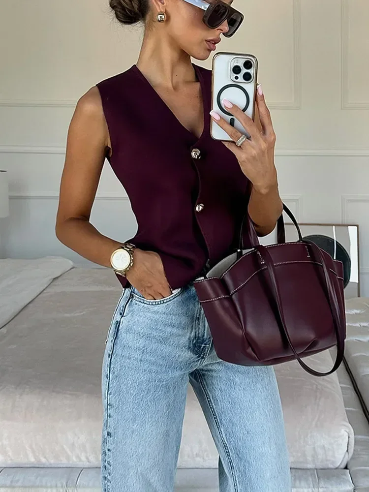 Women Fashion Solid Single Breasted Knitted Vest Elegant V Neck Sleeveless Cropped Tops Chic Lady Commuting High Street Knitwear