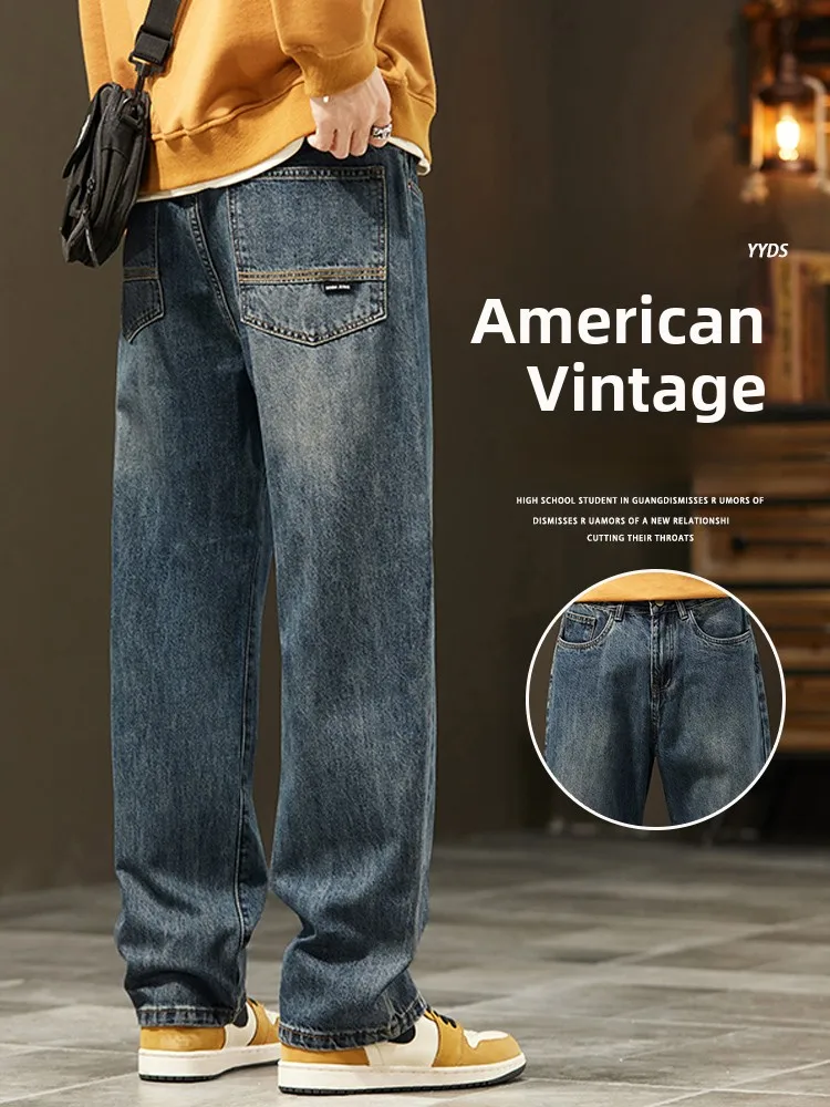 Celana Jeans Pria Model Lurus Longgar Musim Semi Baru Gaya Amerika Kasual Celana Panjang Lebar Trendi Vintage Pakaian Kerja Klasik Denim Biru