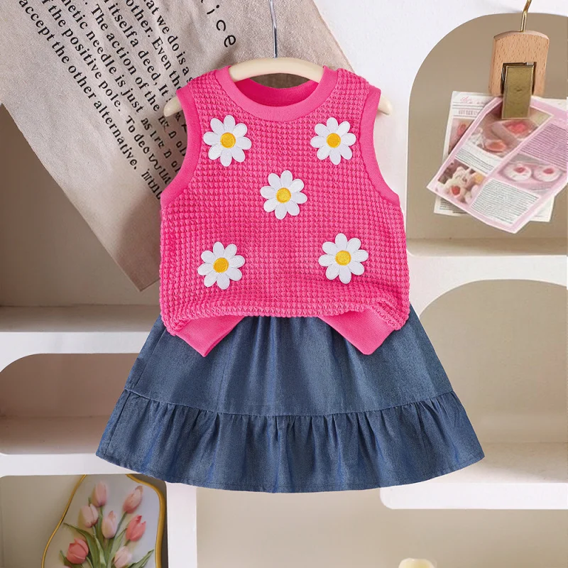 

EWChildren's Clothing New spring and summer girls' vest with three-dimensional floral design for young children+Skirt suitTZ1469