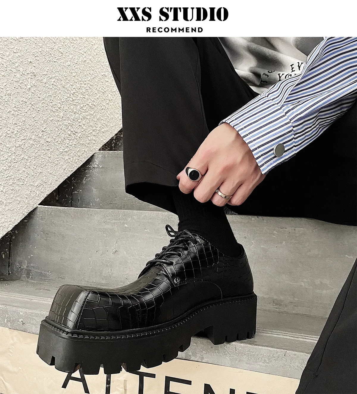 Men's Loafers Leather Motorcycle Boots Crocodile Pattern Casual Oxford Shoes Vintage Square Toe Derby Ankle Shoes Platform - view 6