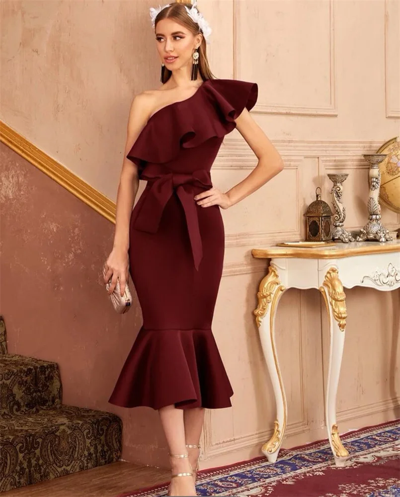 

Noble One Shoulder Prom Dress Short Sleeves With Tea Length Evening Summer Elegant Party Dress For Women2023