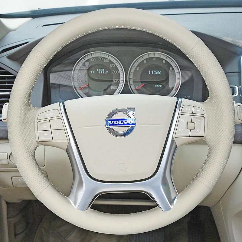 for Volvo XC60 V40 V60 DIY Hand-stitched peach wood color rice colour Genuine Leather non-slip Car Steering Wheel Cover