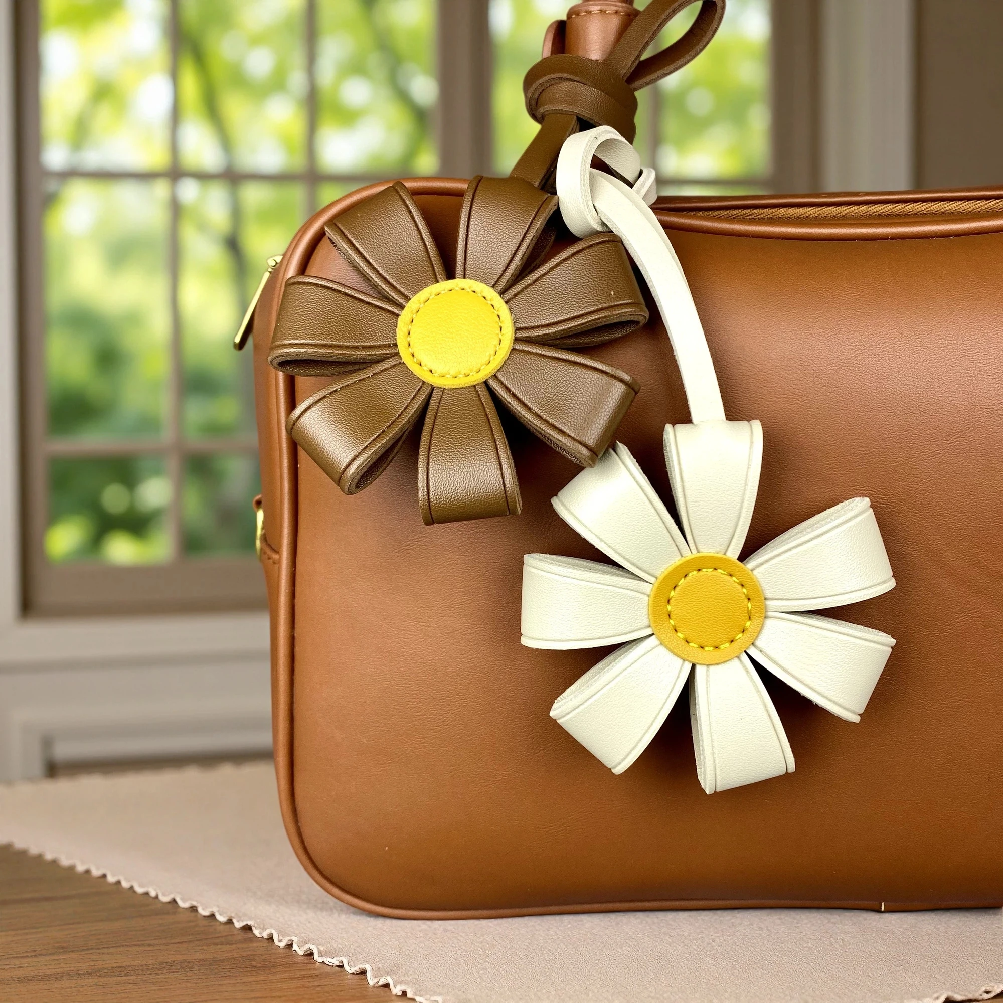 Thick PU Leather Sunflower Keychain Bag Charm,Chunky Floral Bag Charm with Healing Cute Design for Purses and Backpacks-Boho/Y2K - view 3