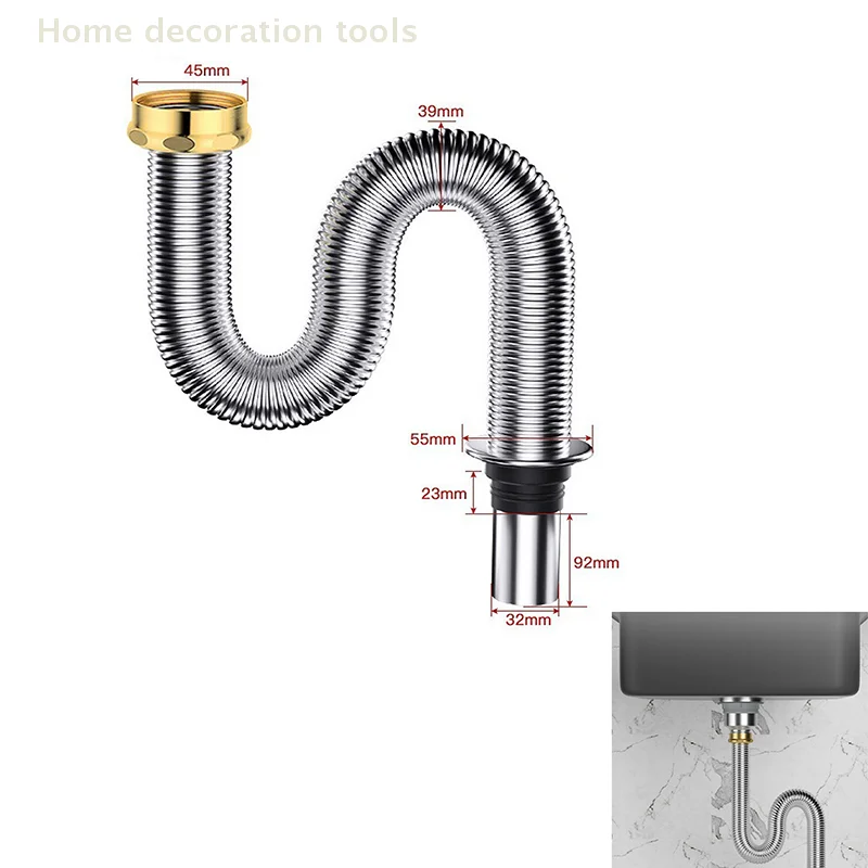

40/60cm Stainless Steel Bathroom Kitchen Sink Siphon Waste Drain Flexible Pipe Hose Home Retractable Drainage Tube