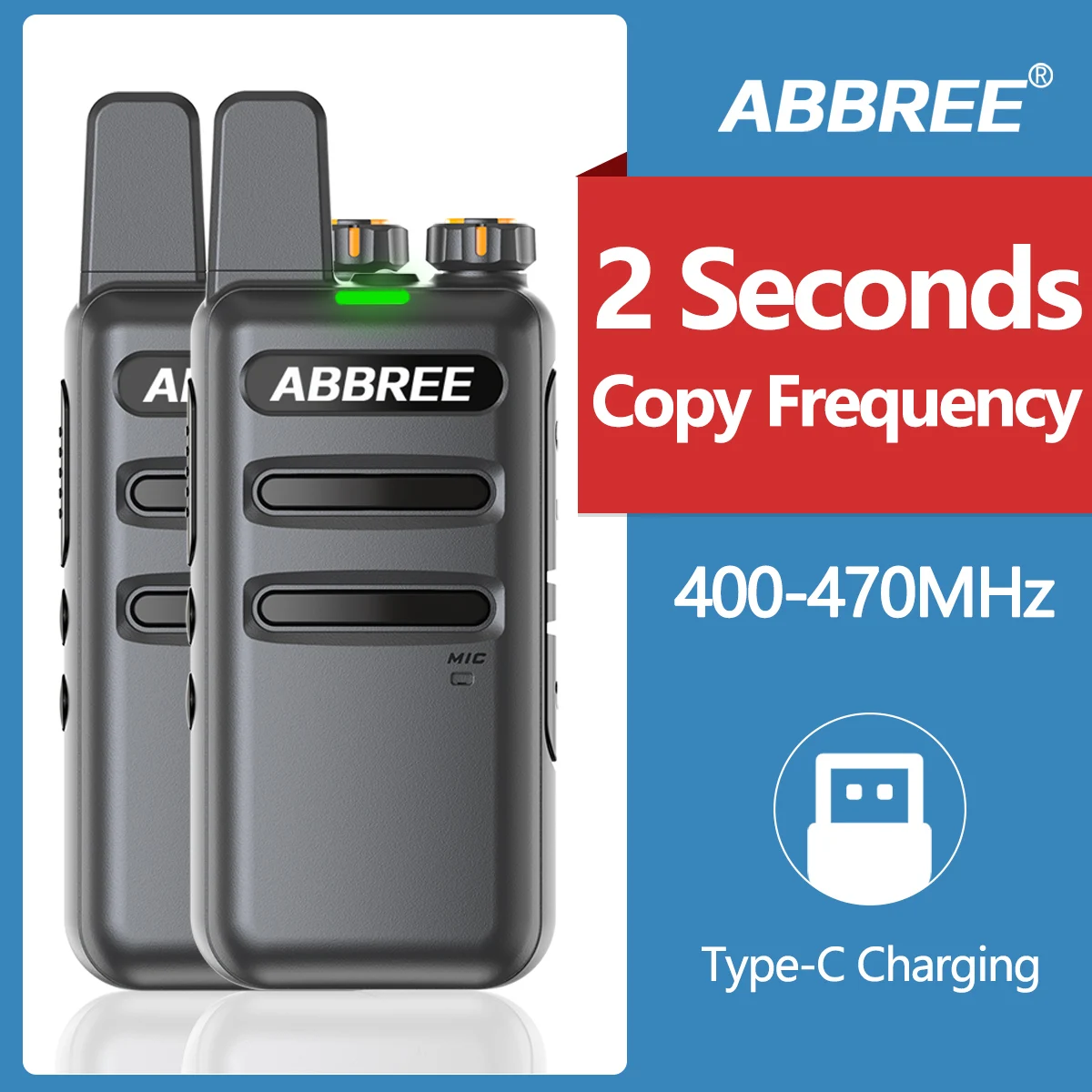 

2PCS ABBREE AR-F19 Walkie-talkie Automatic Wireless Copy Frequencyt Multiple charging methods USB Charging Radio
