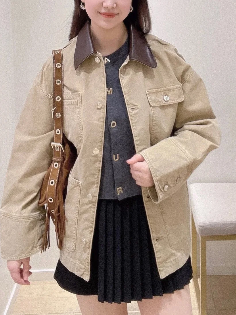Early Spring Contrast Color Leather Collar Patchwork Loose Coat Multi Pocket Utility Style Long Sleeve Women's Windbreaker