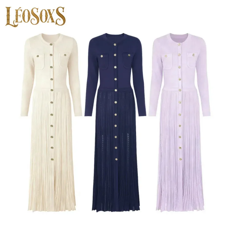 

LEOSOXS Women's Long - Sleeve Button - Front Pleated Midi Dress With Chic Pocket Detail For Elegant Daily And Office Wear 2025