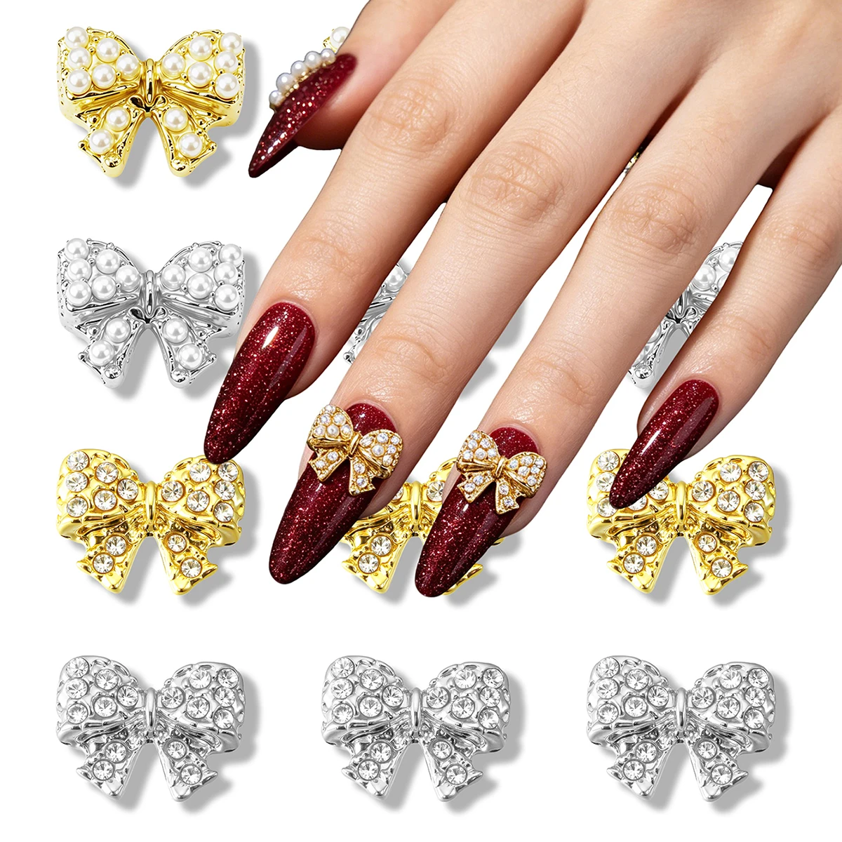 10 Pieces of European and American Punk-Style Alloy Rhinestone Bow Nail Decorations, 3D Glitter Nail Gemstones, Rhinestone Nail Accessories, Y2K Multifunctional DIY Decorative Accessories, Fake Nail Decorations, Nail Supplies