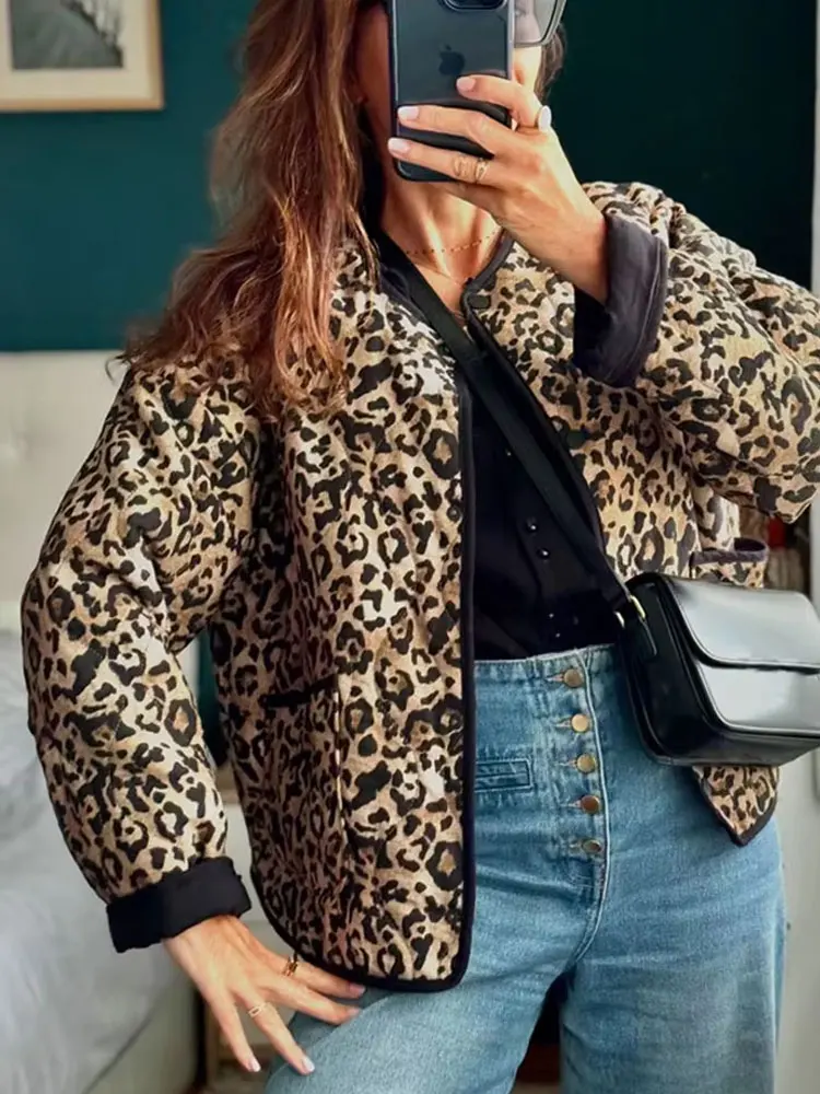 HH 2024 Casual Leopard Print Cotton Coats For Women Autumn Single-Breasted Pockets Long Sleeves O Neck Street Fashion Jacket