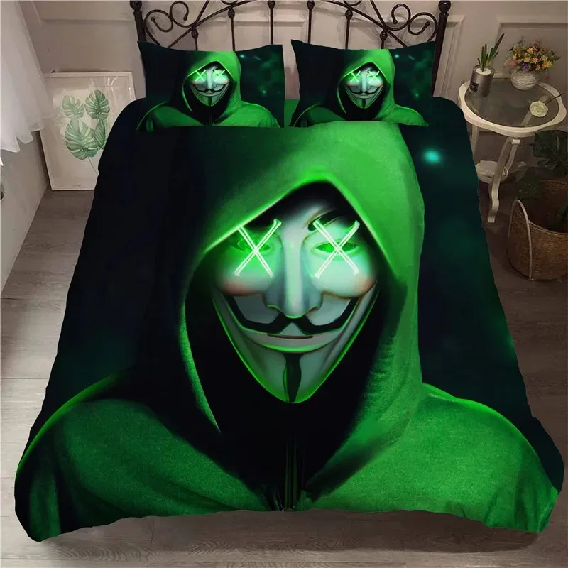 3D Printed Anonymus with Mask Bedding Set Boys Girls Twin Queen Size Duvet Cover Pillowcase Bed Kids Adult Home Textileextile