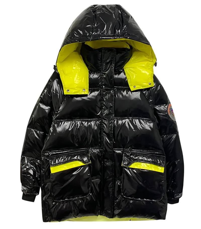 Stand Collar Hooded Big Pocket Glossy Down Cotton Jacket Winter 2024 Loose White Black Yellow Green Warm Long Sleeve Parkas Coat