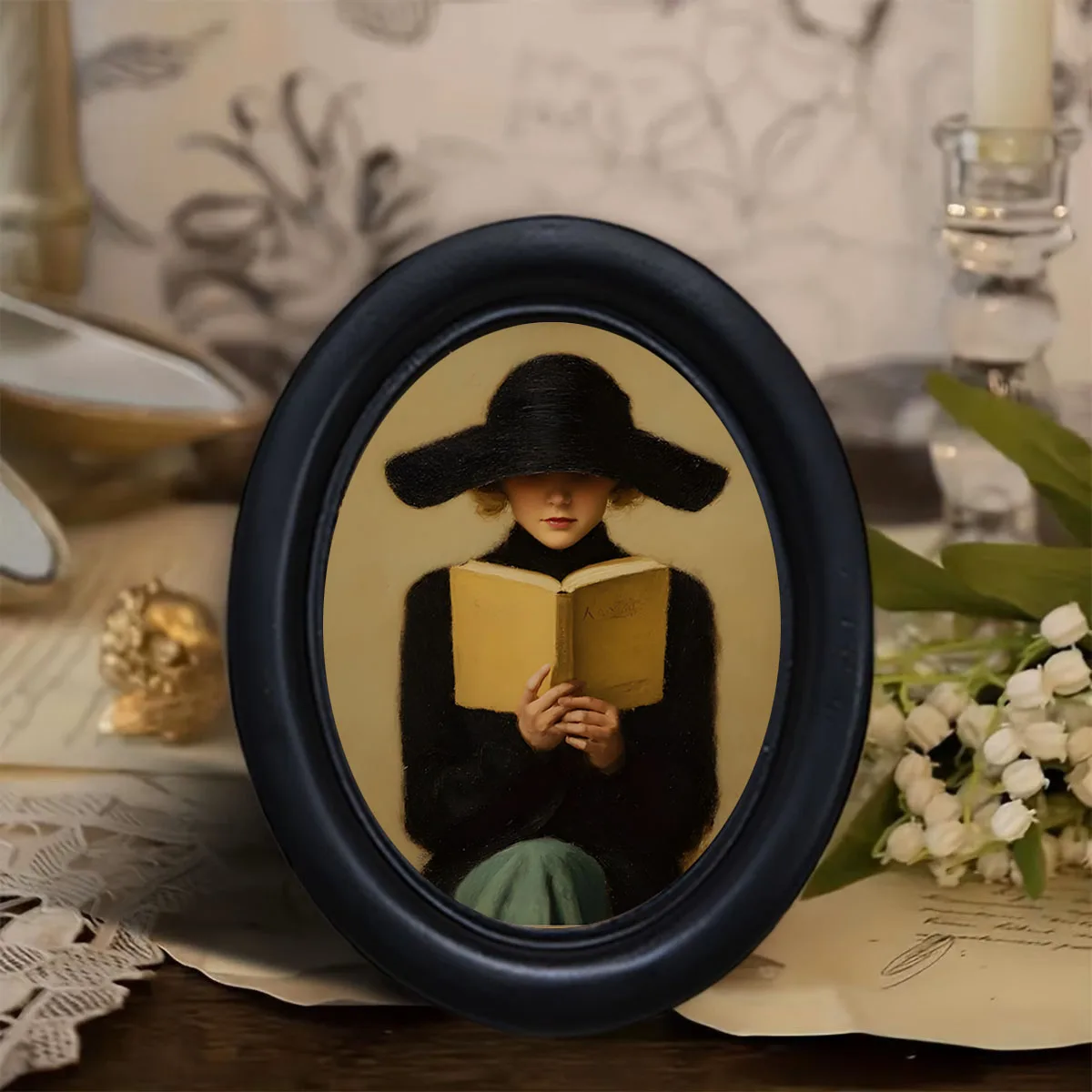1 Piece of Vintage Dark Academia Style Wall Decoration Featuring a Woman Reading with a Black Hat, an Atmospheric Study Room Decoration, a Unique Gift for Book Lovers