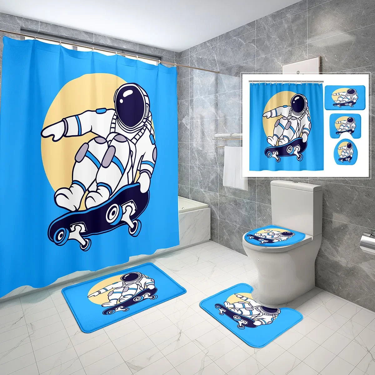 

Astronaut Theme Shower Curtain Sets 4 Pcs with Non-Slip Rugs Mat Toilet Lid Cartoon Skateboard Waterproof Shower Curtain Set
