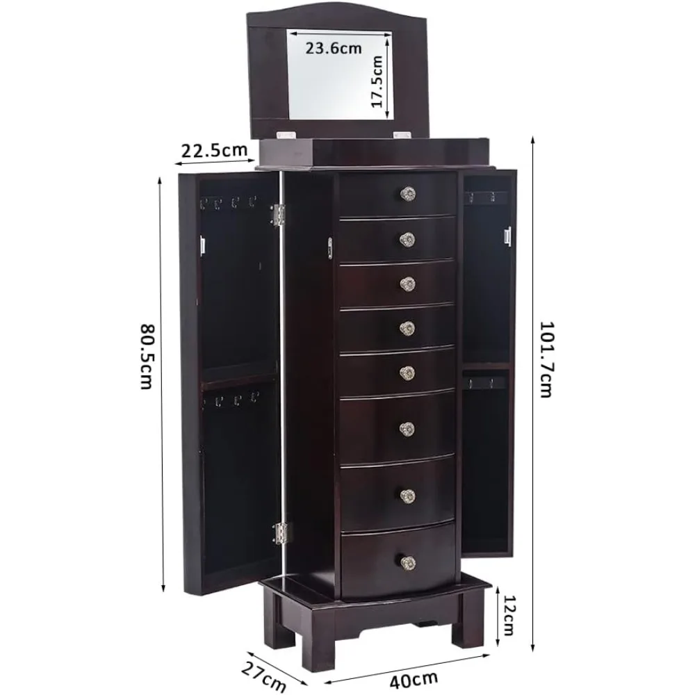 خزانة مجوهرات خشبية كبيرة الحجم مع مرآة علوية قابلة للطي ومقصورات تخزين - خزانة دولاب فاخرة لأورجاني المجوهرات #2