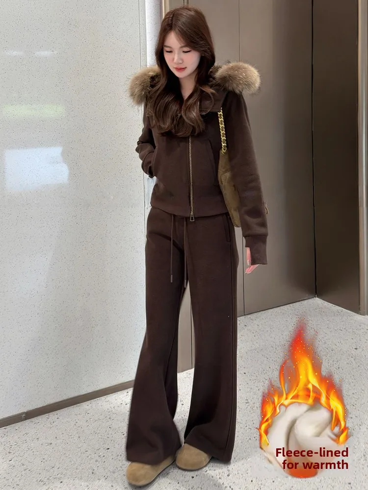 

Европейский зимний спортивный костюм для женщин: куртка с капюшоном и меховым воротником, расклешенные брюки, комплект из двух предметов, повседневный модный наряд