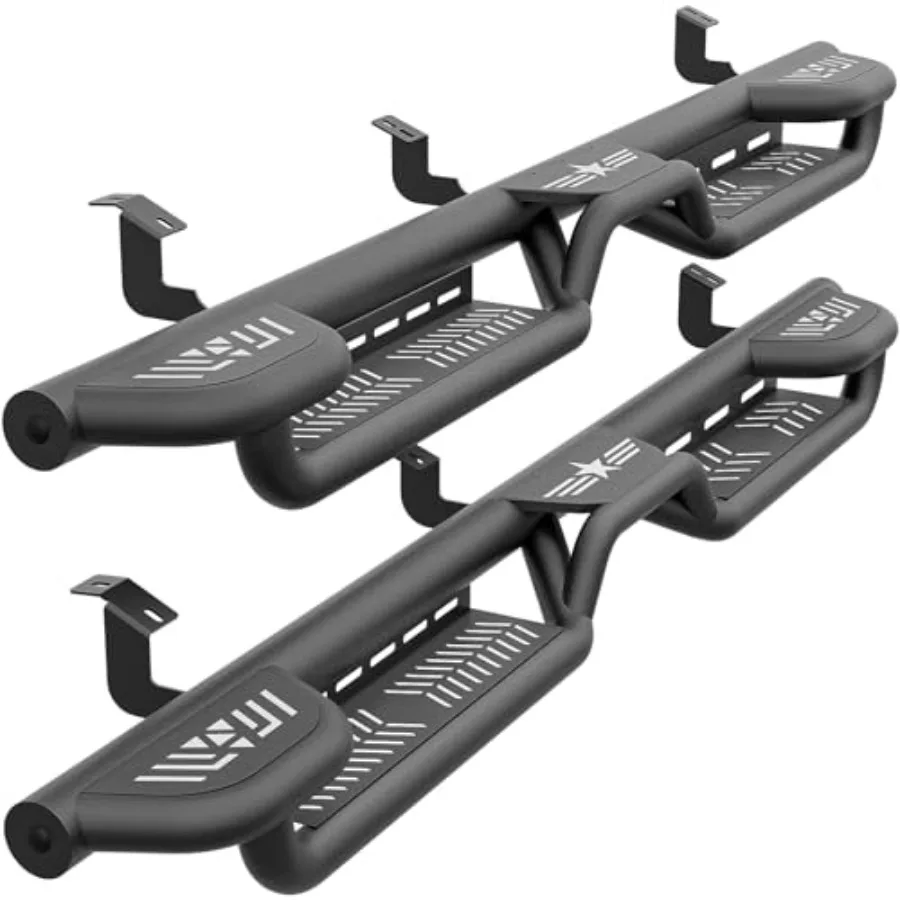 

Three Raised Steps Running Boards for 2007-2021 Toyota Tundra DoubleCab: Black Steel Side Steps with Two-Stair Design, Nerf Bar
