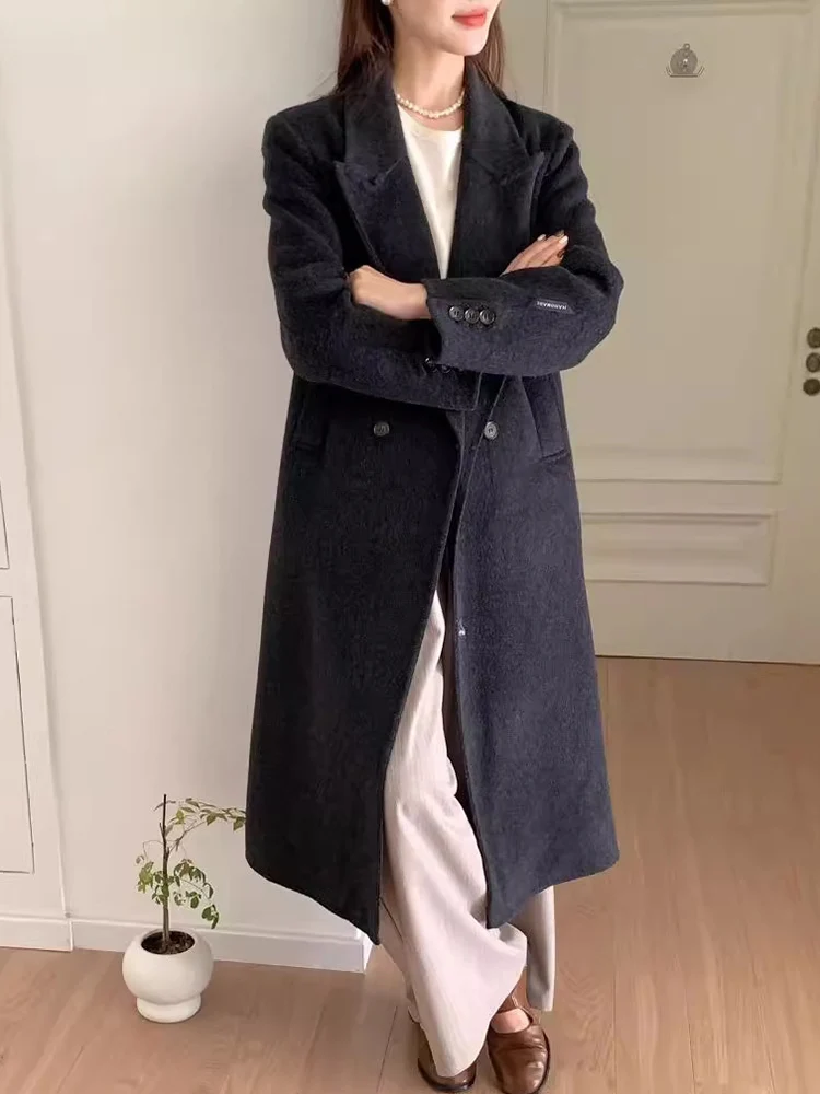 LANMREM Office Lady Two Sided Wool Long Coat Women Notched Collar Double Breasted Clothing Fashion 2024 Winter New 2VV129